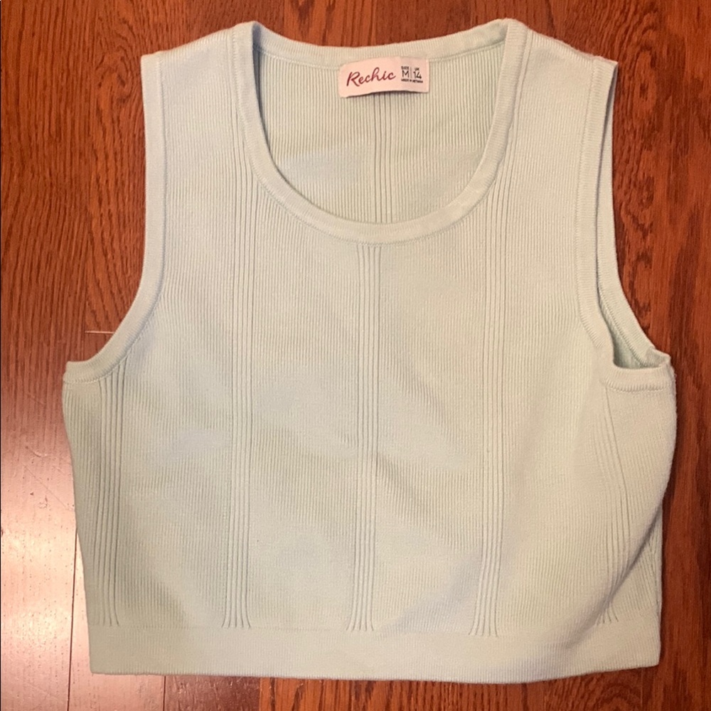 Turquoise Ribbed Sleeveless Crop Tank Top and Skirt Set